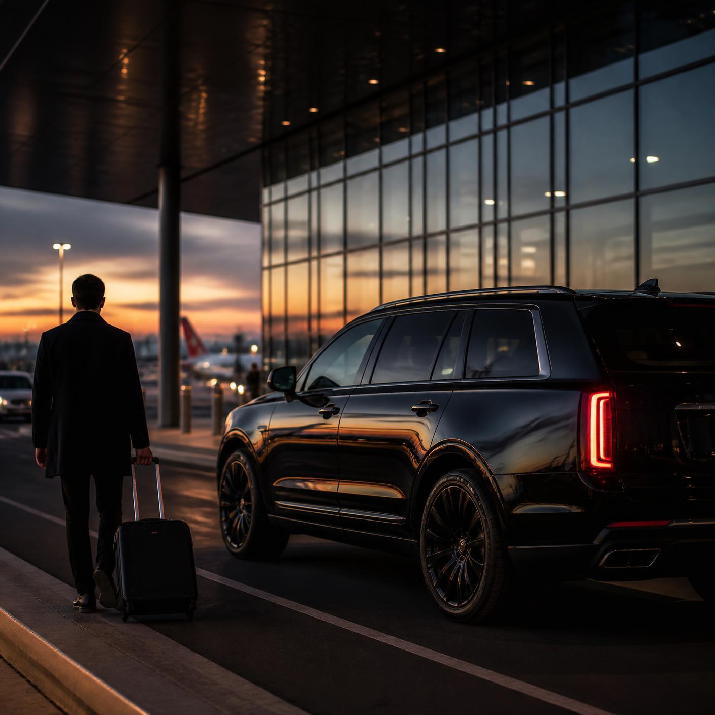 Executive SUV waiting curbside at a New York area airport terminal at dusk